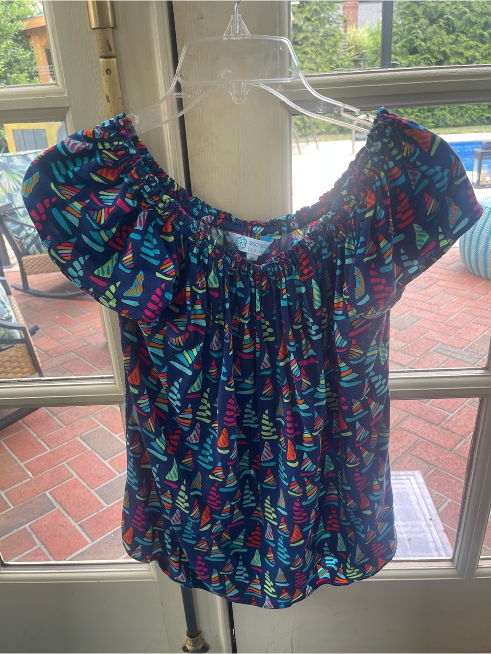 escapada Navy Off-Shoulder Top with Bright Multi-Color Print